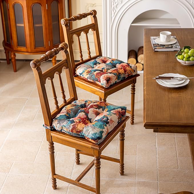 vctops Farmhouse Floral Print Chair Cushions with Ties U-Shaped Soft Comfortable Chair Pads Non Slip Seat Cushions for Indoor Dining Room and Kitchen Chairs (Flower E,16"x16")