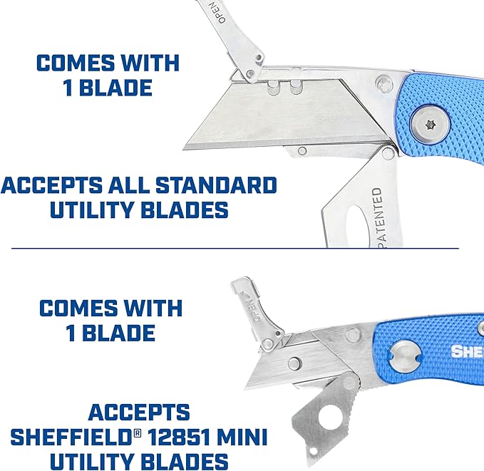 Sheffield Utility Knife and Mini Box Cutter, Folding Utility Knife Set Aluminum Handles, Accepts Std and Mini Blades, Box Cutters for Trades and DIY