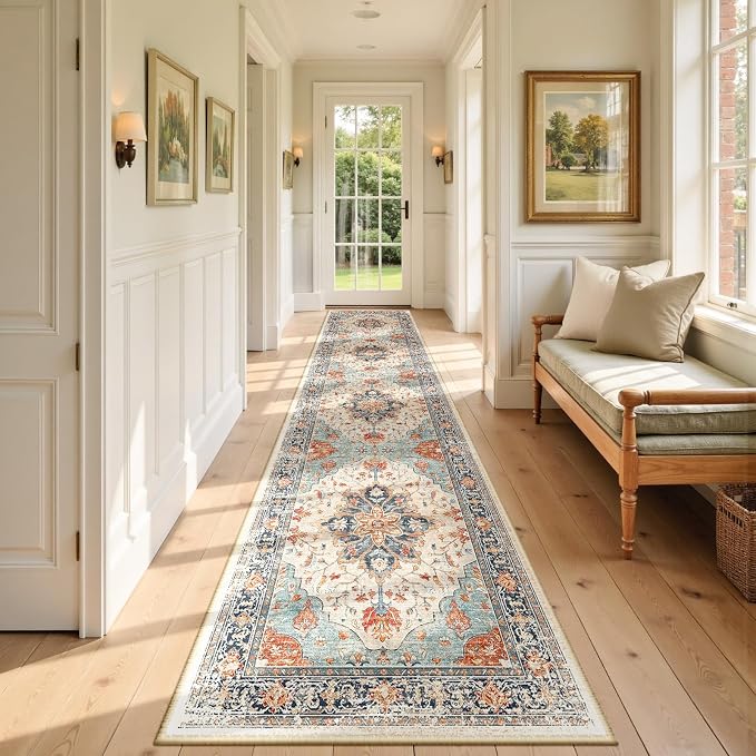 RELEANY Area Rugs Runner 2'6"x14' Washable Non-Slip, Floral Vintage Distress Medallion Carpet for Kitchen Hallway Bedroom Beside Laundry Room Bathroom, Beige Navy Blue Orange Colorful