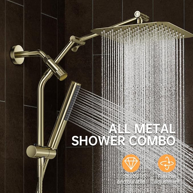 Veken All Metal 10" Shower Head with Handheld, Luxurious Square Double Rain Shower Heads with Spray Combo, Dual High Pressure Detachable Rainfall Showerhead with Extension Arm, Long Hose,Brushed Gold