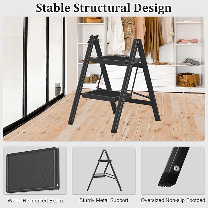 2 Step Ladder, Folding Step Stool with Anti-Slip Wide Pedal, Anti-Slip Feet, Sturdiest Steel Construction, 330lbs Capacity Steel Ladder for Home and Office