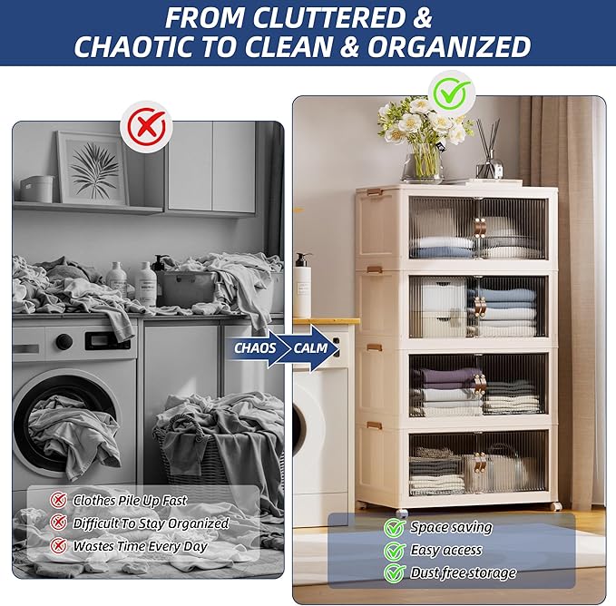 SAILUN 116Gal/464Qt Stackable Storage Bins Folding Collapsible Storage Bins with a Lid, Closet Organizers and Storage,Blush White 26" W x 17" D x 56.7" H