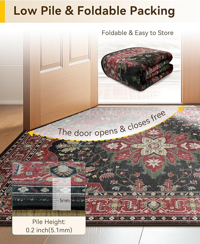 RELEANY Area Rugs Small 2'6"x4' Washable Non-Slip, Floral Vintage Distress Medallion Carpet for Kitchen Entryway Bathroom, Red Black