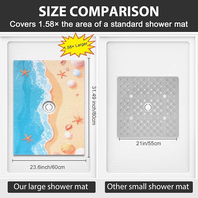 Non Slip Shower Mat: 32x24 Inch Extra Large Shower Mats for Inside Shower with Drain Hole in Middle - Soft PVC Loofah Anti Slip Shower Floor Mat for Standing and Walk-in Shower, Quick Drying