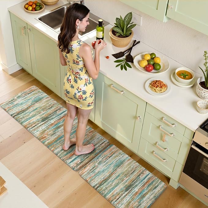 KIMODE Kitchen Mats for Floor Anti Fatigue 20"x47"+20"x32", Farmhouse Kitchen Rugs Sets of 2, Colorful Rugs for Kitchen Floor, Memory Foam Standing Mats for Laundry Office Sink Desk