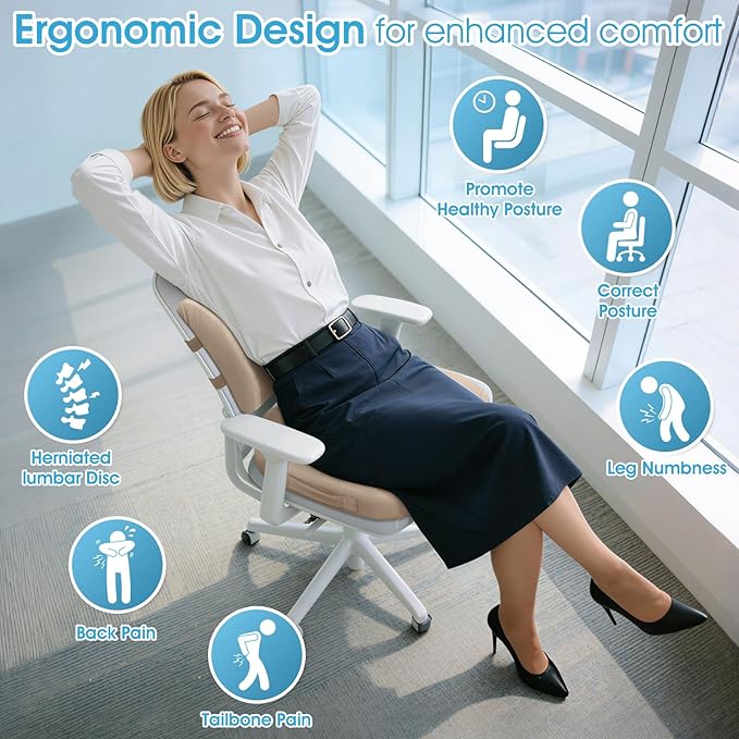 CushZone Ergonomic Seat Cushion & Lumbar Support Pillow - Memory Foam for Sciatica Pain Relief & Posture Correction, Non-Slip Chair Cushions for Office Chair/Car/Wheelchair/Travel, Khaki X-Large
