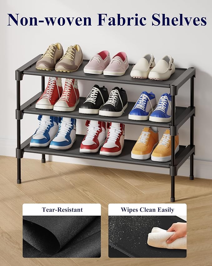 Kitsure Shoe Rack - Non-Woven Shoe Rack Shelf, Shoe Organizer for Closet, Entryway, Garage & Corridor, Stackable Shoe Shelves, 27.5" Wide - 3 Tier, Black