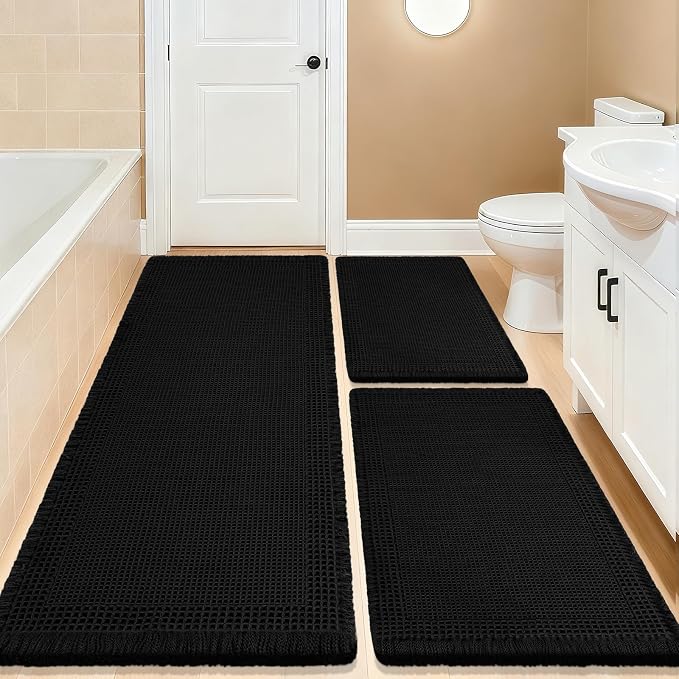 Upgrade Waffle Bath Mat Set 3 Piece, Boho Bathroom Rugs Absorbent Non Slip, Ultra Soft Bathroom Mat, Machine Washable Knit Bath Rugs with Border for Bathroom, Bedroom, Kitchen, Shower, Tub, Black
