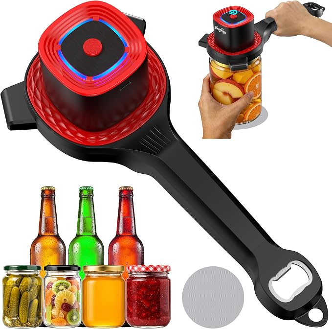 Electric Jar Opener for Seniors with Auto-Adjusting Gripper, Rechargeable Jar & Bottle Openers for Weak Hands and Arthritis, Easy Twist Off Lid Opener with Rubber Gripper Pad, Fits 1"-3.5" Lids(Red)