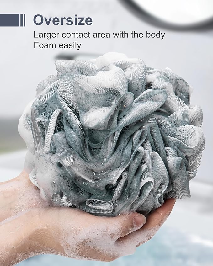 MTDLYICE Loofah Sponge, XXL Large Loofah 100g 4 Pack, Bath Sponge Soft Mesh Shower Loofah for Men, Body Scrub, Shower Pouf Bath Accessories, for Body Wash, Soap (Blue Gray)