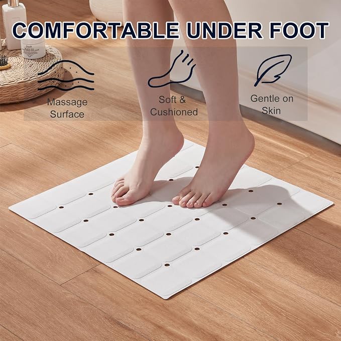 Webos Anti Slip Shower Mat for Tub & Shower Stall, 21" x 21" Square Silicone Bathtub Mat with Powerful Suction Cups, Fast-Draining, Machine Washable Soft Foldable Bathroom Mat, White
