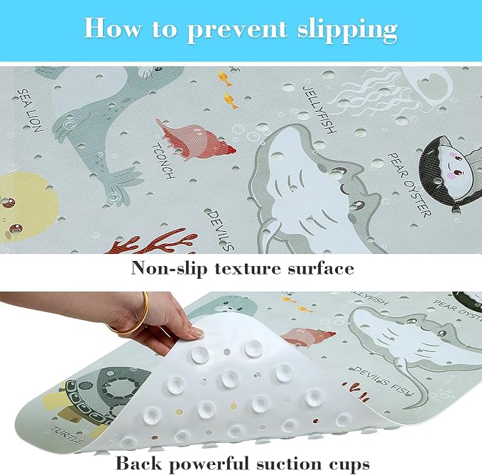 Secopad Bath Mat for Tub Non Slip, Machine Washable Anti-Slip Cartoon Baby Bathtub Shower Mat with Drain Holes and Suction Cups for Toddler & Kids, 40 Inch x 16 Inch, Greige Sea Animals