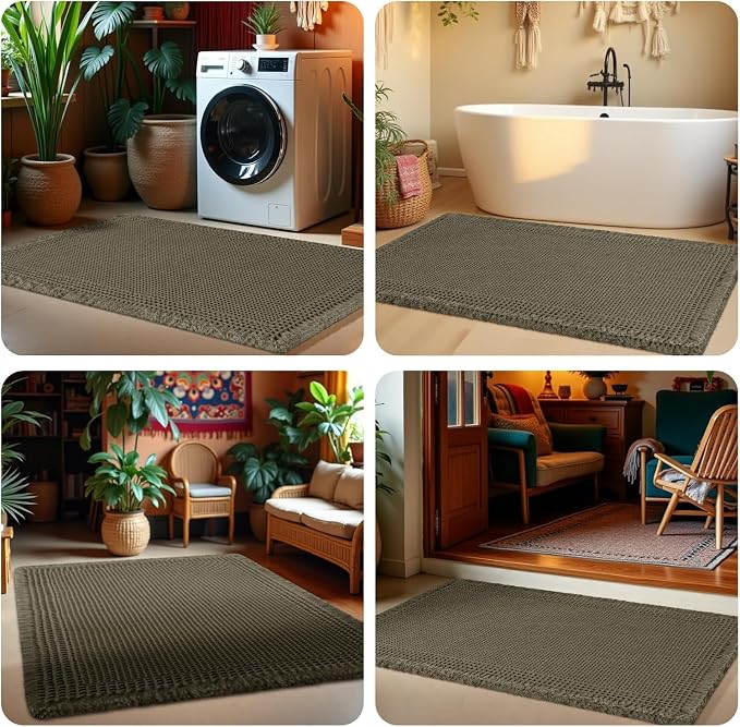 Upgrade Waffle Bath Mat Set 3 Piece, Greyish Green, Boho Bathroom Rugs Absorbent Non Slip, Ultra Soft Bathroom Mat, Machine Washable Knit Bath Rugs with Tassels for Bathroom, Kitchen, Shower, Tub