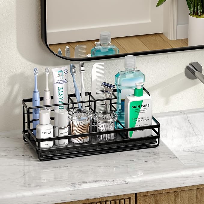 HapiRm Toothbrush Holders for Bathroom - 5 Partitions Bathroom Counter Organizer with Instant Drying Stone, Stainless Steel Countertop Storage Electric Toothbrush Toothpaste Holder - Black(Large)