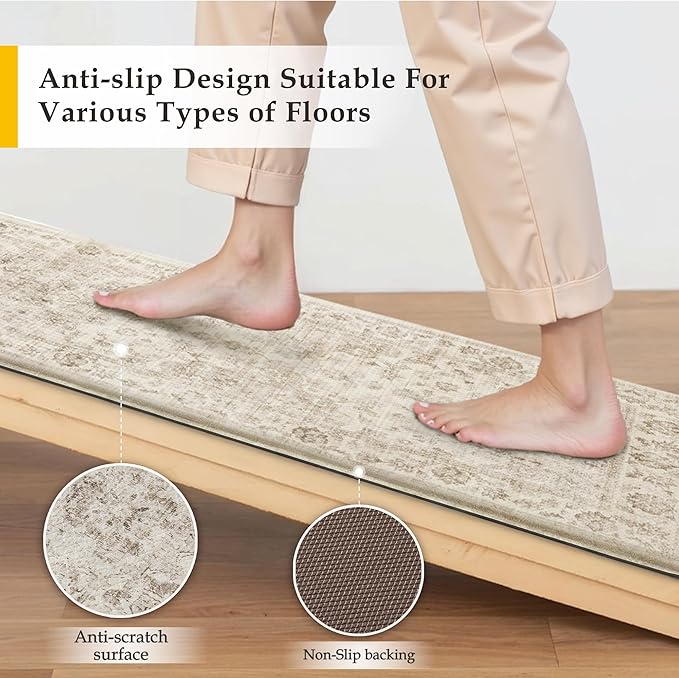 Thick Anti Fatigue Kitchen Mats 2PCS Beige Neutral Cushioned Vintage Floor Mat Non-Slip Waterproof Comfort Standing Rug for Sink Laundry Office 17.3"×47"+17.3"×30" (0.47inch)