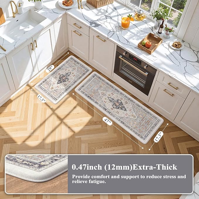 Collive Boho Kitchen Mats for Floor 2 PCS, Cushioned Anti Fatigue Kitchen Floor Mat Non-Skid Waterproof Sink Rug, Blue/Multi Comfort Standing Desk Mat for Office, Home, 17.3"x29"+17.3"x47"