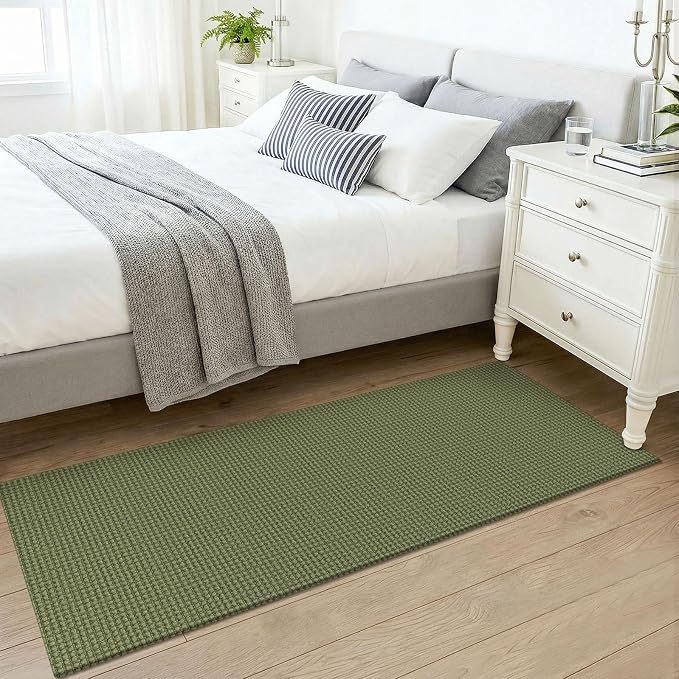 KOZYFLY Woven 2x5 Entry Runner Rug, Washable Runners for Entryway, Non Slip Hallway Rug, Small Throw Carpet Runner for Kitchen, Bedside, Hall, Bathroom, Olive Green/Earthy Green
