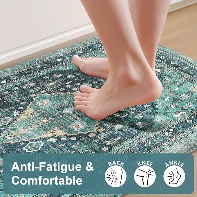Collive Boho Kitchen Mats for Floor 2 Piece, Cushioned Anti Fatigue Kitchen Floor Mat Non-Skid Waterproof Under Sink Rug, Teal/Multi Comfort Standing Desk Rugs for Office, 17.3"x29"+17.3"x47"