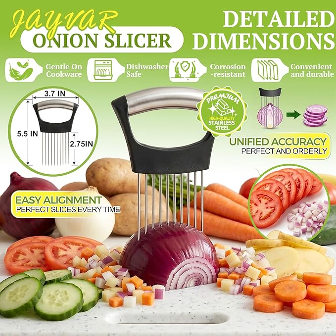 JAYVAR Onion Holder for Slicing,304 Stainless Steel Onion Slice Holder with 10 Long Needles,Onions Cutter Vegetable Chopper,Onions Chopper Tool,Food Slicing Guide for Neat Slicing,Tomato Potato Cutter