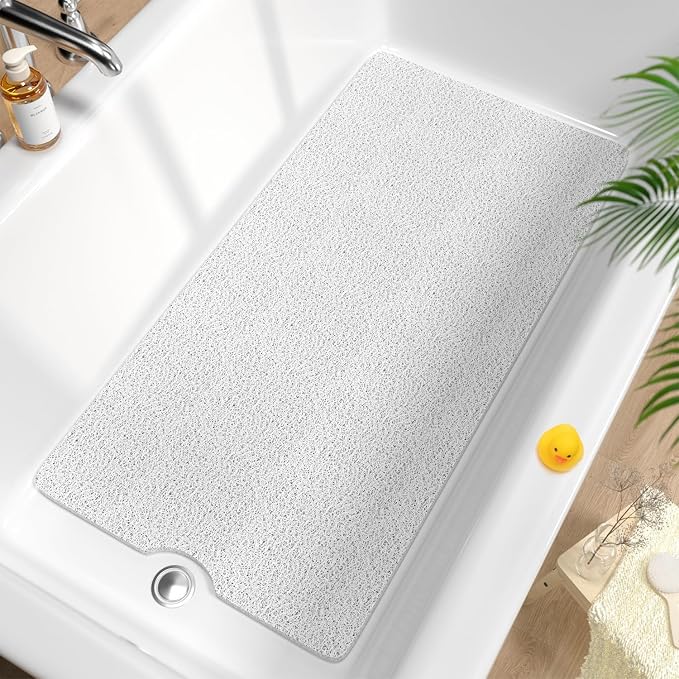 HITSLAM Non Slip Bathtub Mat 40 x 20 Inch, Extra Long Bath Mat for Tub, Soft PVC Loofah Shower Floor Mat with Drain, Quick Drying Bathroom Tub Mat for Wet Area, Without Suction Cup, White