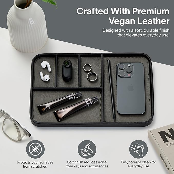 Nordik Leather Valet Tray - Pebble Black - 11.8x7.9 Inch Large Vegan Leather Tray - Stylish Nightstand Organizer for Men - Modern Bedside Caddy - EDC Catchall for Key Watch Wallet Jewellery