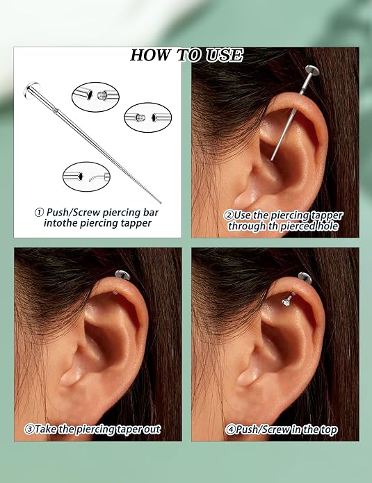 GEMQUEEN Piercing Taper Ball Grabber Tool for Changing Jewelry - 14G 16G 18G 20G Stainless Steel Flat Back Earrings Applicator Tool Threadless Insertion Pin Thread Body Piercing Kit for Ear Nose Lip