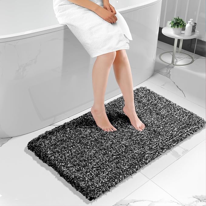 Yimobra Luxury Bathroom Rugs, Fluffy Bath Mats, Non Slip, Water Absorbent Microfiber, Machine Washable, Plush Runner Shower Rugs, Thick Matts for Bathroom Floor&Tub, 47" X 24", Black and White