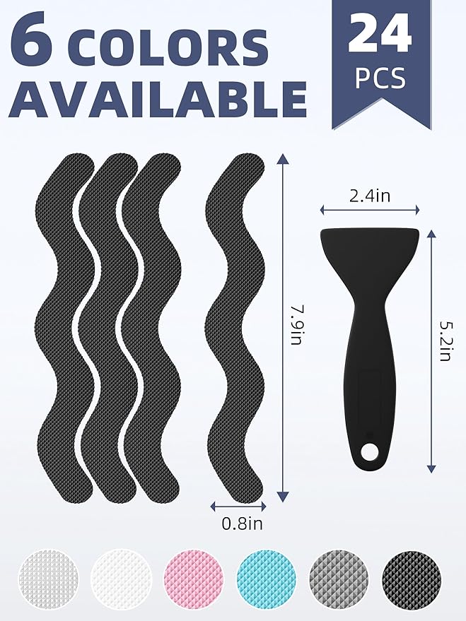 Secopad Patented Anti Slip Shower Stickers, 24PCS Adhesive Decals Safety Strips with Scraper for Bath Tub, Shower Floor, Stairs, Black, 0.8"*8"