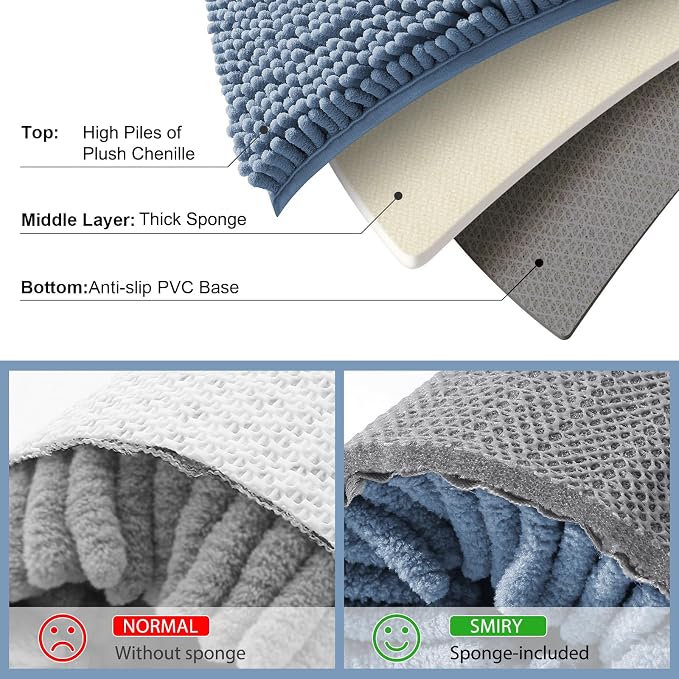 Smiry Luxury Chenille Bathroom Rugs 47x20, Extra Soft and Absorbent Shaggy Bath Mat, Machine Washable, Non-Slip Plush Carpet Runner for Tub, Shower, and Floor, Home Decor Accessories, Grayish Blue