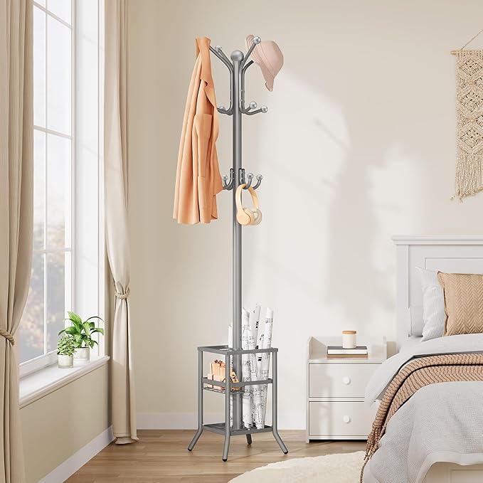 FAVOOSTY Coat Rack Freestanding,Coat Rack Stand with Umbrella Holder,Metal Coat Tree with 12 Hooks,Tree Clothes Hat for Entryway, Hallway, Bedroom, Living Room & Office - Silver Grey