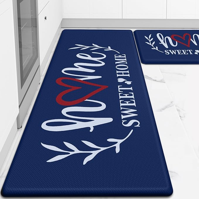 HappyTrends Kitchen Mat for Floor, 2PCS Cushioned Anti-Fatigue Kitchen Rugs, Waterproof Non-Slip Standing Mats and Rugs Set for Kitchen, Office, Laundry, Navy, 17.3"×30"+17.3"×47"