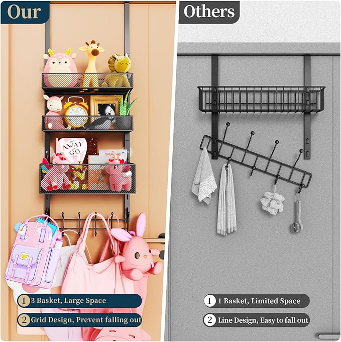 Consumest Over The Door Hooks Organizer - 4 Tier Door Coat Rack with 3 Baskets & 12 Hooks, Stainless Steel Towel Hanger for Bedroom, Bathroom, Living Room, Black