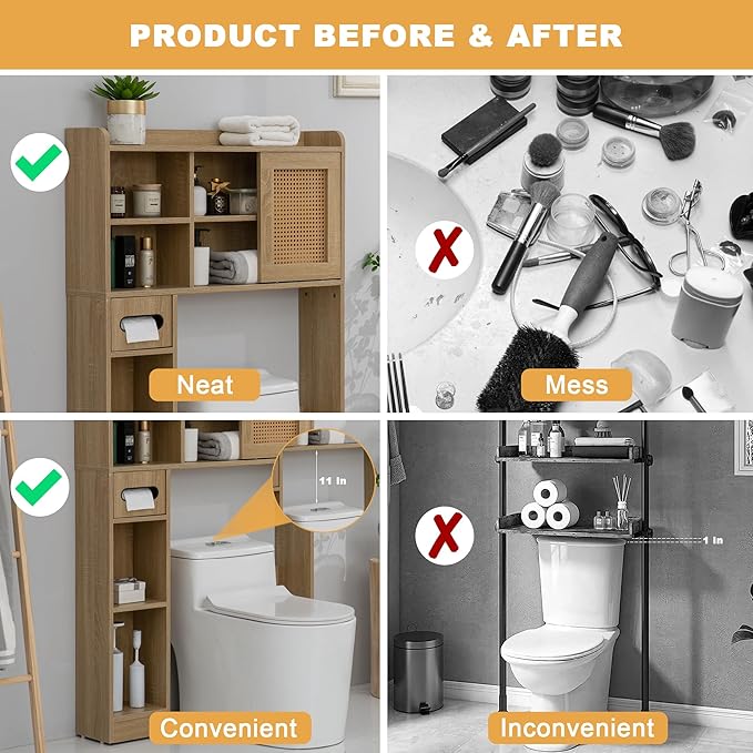 SUNTAGE 6Tier Over The Toilet Storage Cabinet, Freestanding Above Toilet Space Saver Rack w/Adjustable Shelves, Sliding Door, Multifunctional Over Toilet Organizer for Bathroom (Burlywood)