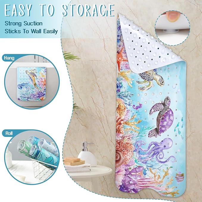 Ocean Animals Bathtub Mat Non Slip, Sea Turtle Baby Bath Mat for Tub Rubber Tub Mat, Cute Toddler Kids Bath Mats for Bathroom Anti Slip Shower Mat with Suction and Drain Holes Machine Washable,40″x16″