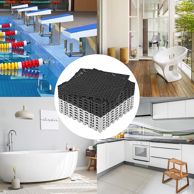 ToLanbbt Modular Interlocking Cushion 12P 11.8" x11.8" Interlocking Rubber Floor Drain Holes Non-Slip Splicing Drainage Mats for Deck, Shower, Kitchen, Drain Pool, Indoor Outdoor (Grey Black)