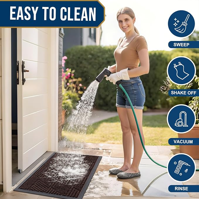 Smiry Front Door Mat Outside Entrance, Heavy Duty Sturdy Natural Rubber Doormat, Trap Dirt and Moisture, Easy Clean Low Profile Mats for Indoor Outdoor Entry, Irregular Triangle (29.5x17, Deep Brown)