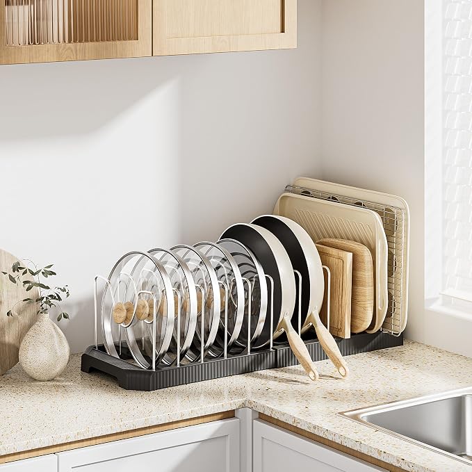 MUDEELA Pot Lid Organizer Rack for Cabinet, Expandable Pots and Pans Organizer under Cabinet with 12 Adjustable Dividers, Pan Organizers Holder inside Cabinet for Cutting Boards, Baking Sheets, Black