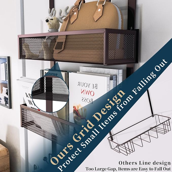 Consumest Over The Door Hooks Organizer - 3 Tier Door Hanger with 9 Coat Hooks & 2 Mesh Basket, Back Storage Organizer Hanging Towels for Bathroom, Bedroom, Bronze