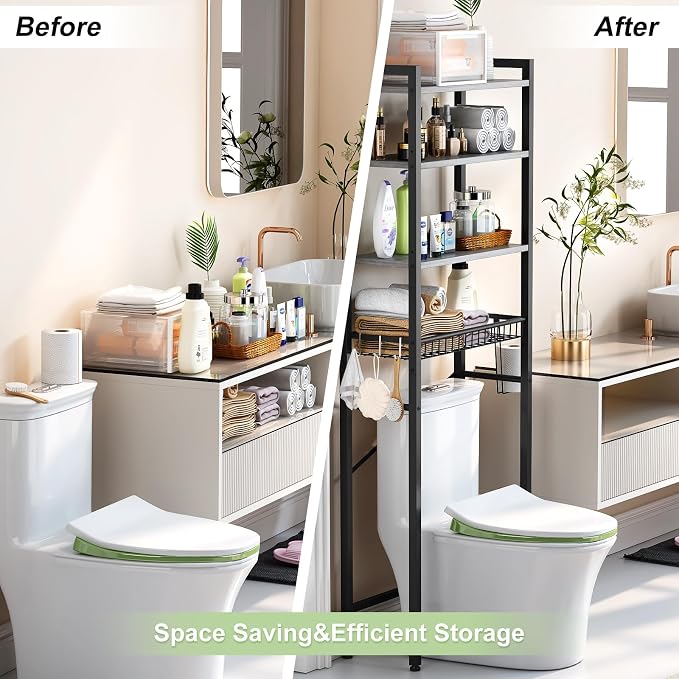 Kalrin Over-The-Toilet Storage Rack, 4-Tier Bathroom Organizer Shelf Over Toilet with Adjustable Shelf and Basket, Freestanding Space Saver Bathroom Shelves Above Toilet for Room (Pure Gray)