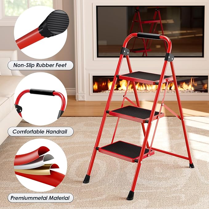 Urackify Step Ladder, 3 Step Ladder with Anti-Slip and Wide Pedal, Portable Foldable Step Stool with Handgrip, Sturdy Step Ladder for Home Kitchen Household, Red