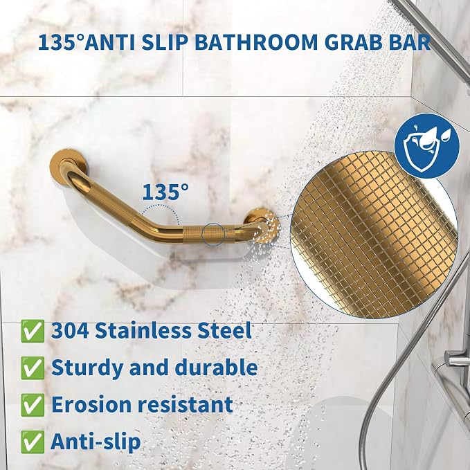 16 Inch Munzong Shower Grab Bars for Seniors, Gold Angled Anti Slip Grab Bars for Bathtubs and Showers Safety Hand Rail Support Handicap Elderly Injury Senior Assist Bath Handle
