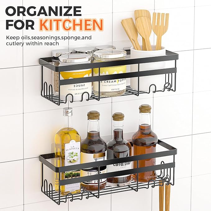Self Adhesive Shower Caddy, 2-Pack No Drilling Rustproof Bathroom Organizers and Storage with Save Space Hooks, Apartment Essentials for Bathroom, Kitchen & Living Room