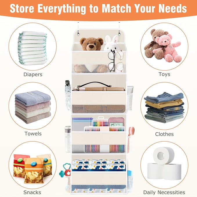 WISELIFE Over The Door Organizer Storage 4 Shelves Large Capacity Hanging Bedroom Storage Solution with 6 Side Pockets for Dorm Bathroom Pantry Nursery and Baby Essentials Holds up to 40 Lbs (Beige)