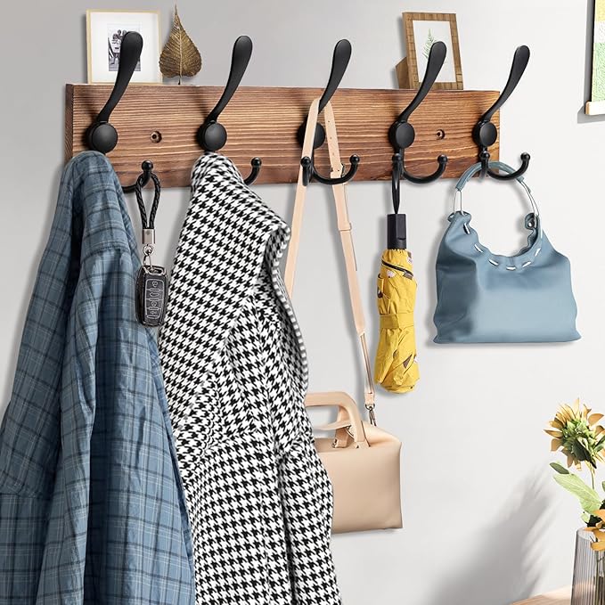 Kuhome Coat Rack Wall Mount Wooden Hat Rack for Wall Hooks Pine Real Wood Plank 16.9" Brown Coat Hanger with 5 Triple Hooks for Hanging Coat Hat Jacket