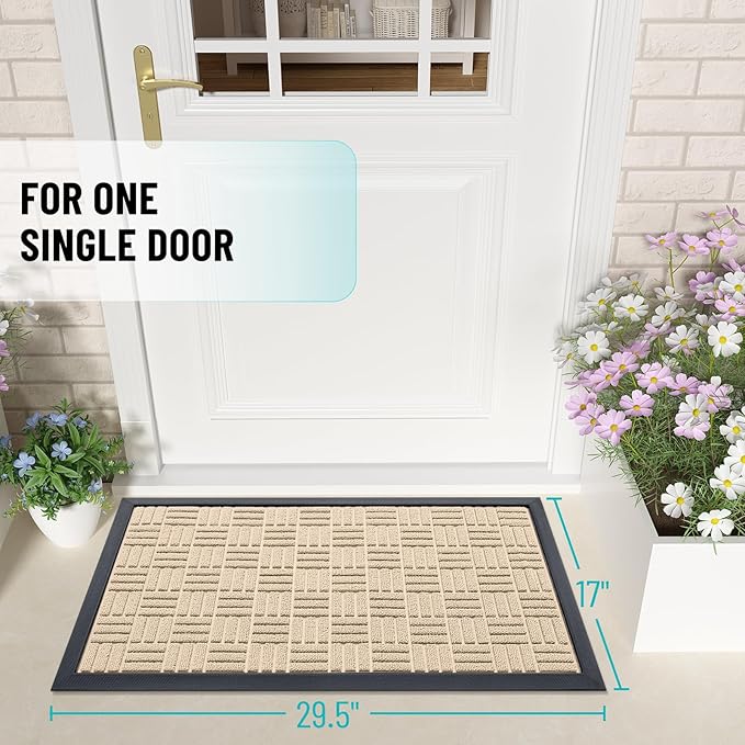 OLANLY Front Door Mat Outside Entrance 29.5x17, Absorbent, Heavy Duty Sturdy Natural Rubber Doormat Indoor Outdoor, Non-Slip, Stain and Fade Resistant, Low Profile Floor Mat for Entryway, Latte White