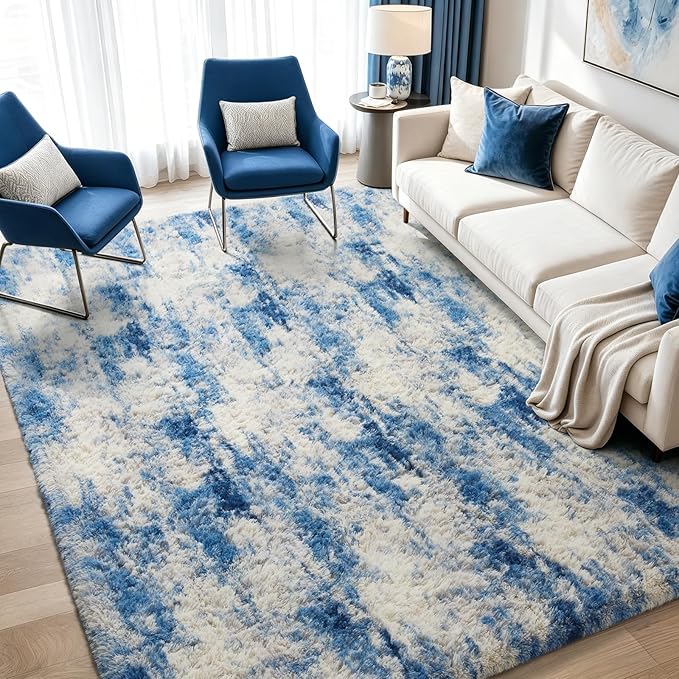 Ophanie Blue and Gray Area Rugs for Living Room 5x7, Navy Grey White Fluffy Shag Large Fuzzy Plush Soft Carpets, Floor Shaggy Rugs for Bedroom, Carpet for Kids Boys Dorm Nursery Home Decor Aesthetic