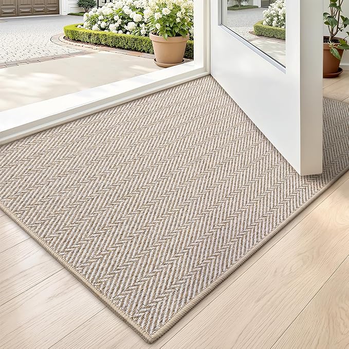 LUMI Ultra Thin Indoor Door Mat for Entrance 17"x30", Non Slip Entryway Mat, Low Profile Doormat, Unique Herringbone Design Carpet for Inside, Patio, Porch, Beige