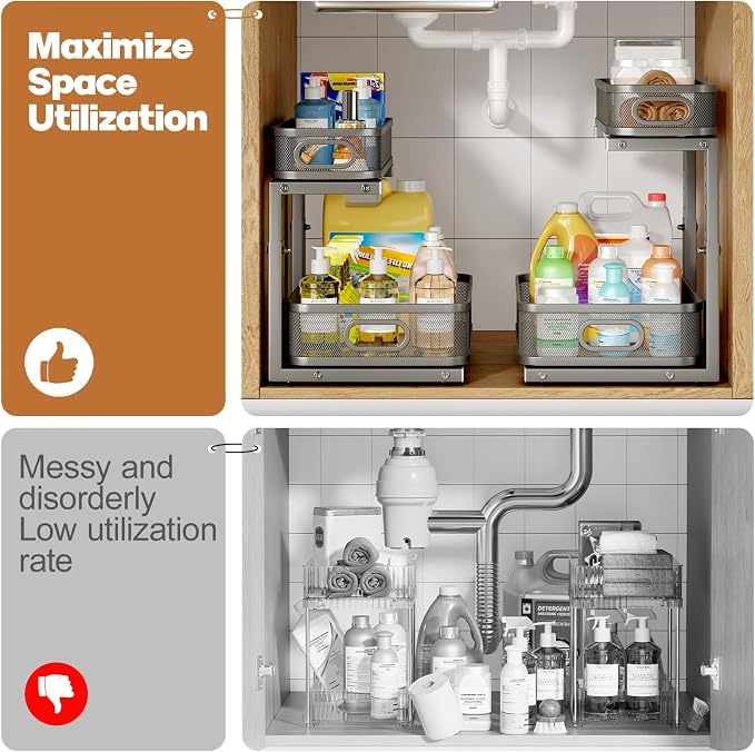 2 Pack 21.3IN-Depth Under Sink Organizer with Smooth Cylindrical Rail,2-Tier Pull Out Multi-Purpose Cabinet Storage for Bathroom&Kitchen,Height Adjustable,Rust-Resistant Coating-Gun Gray
