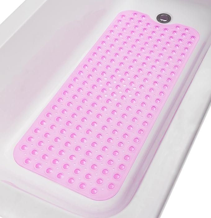 Extra-Long Non-Slip Bathtub & Shower Mat 39”x16” (Smooth/Non-Textured Tubs Only) Safe, Clean, Machine-Washable, Superior Grip&Drainage, Vinyl, Transparent Pink