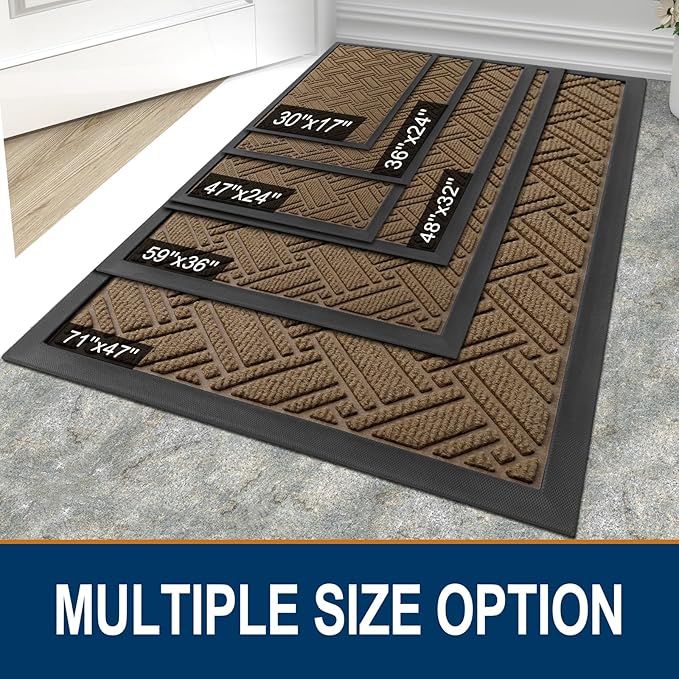 OLANLY Indoor Outdoor Mat, Sturdy Natural Rubber Floor Mat, Non Slip Low Profile Waterproof Doormat, and Stain Front Door Mats, Easy Clean Patio Entrance Mat, 36''x24'', Light Brown
